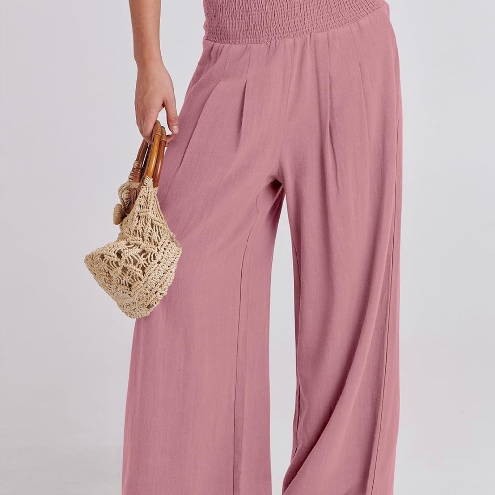 Smocked High-Waist Wide-Leg Pants in Dusty Rose